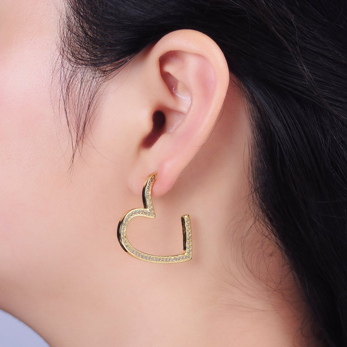 14K Gold Filled 40mm Open Heart CZ Lined Hoop Earrings | AE099