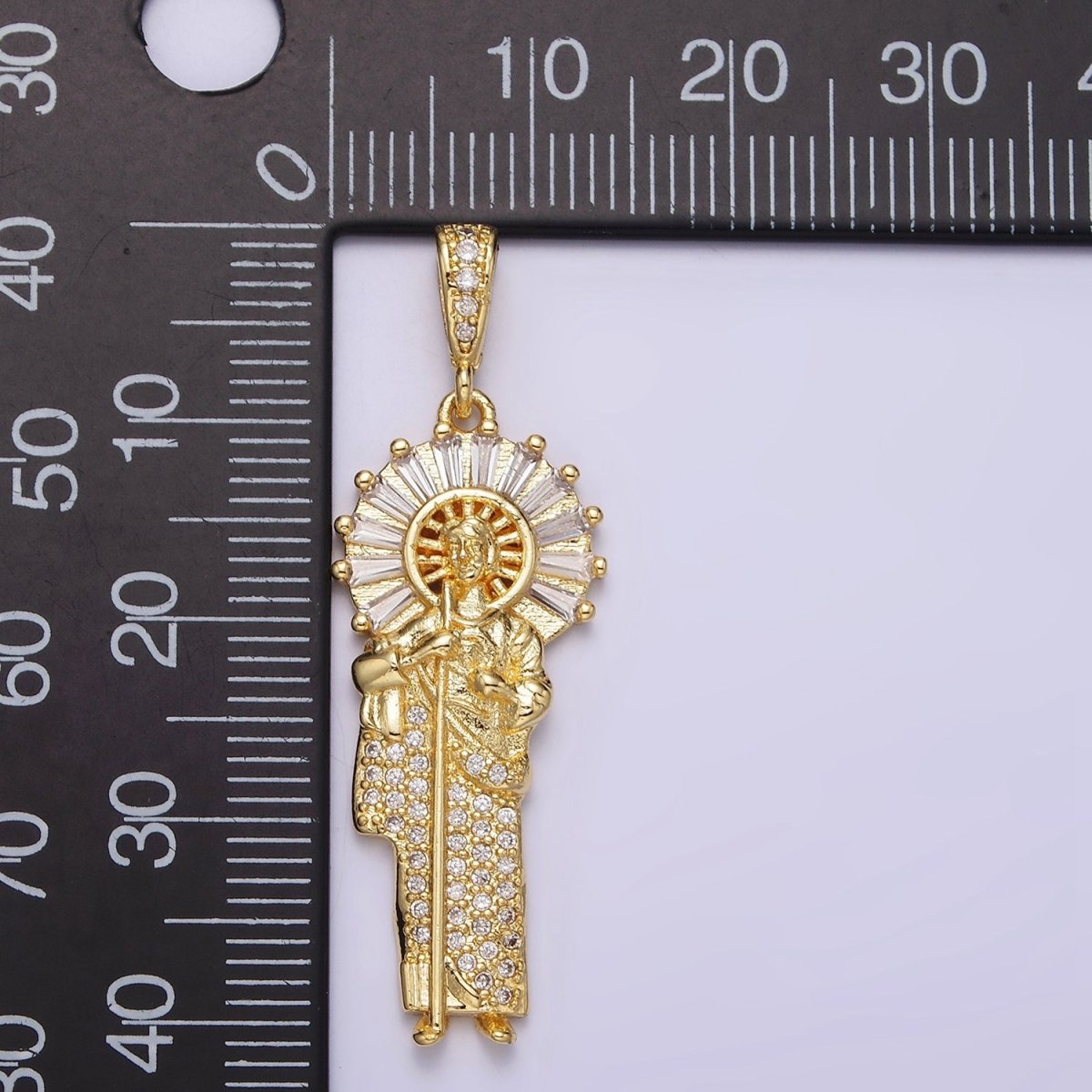 14K Gold Filled 40mm Saint Jude Clear Baguette Micro Paved CZ Bail Pendant | AA609