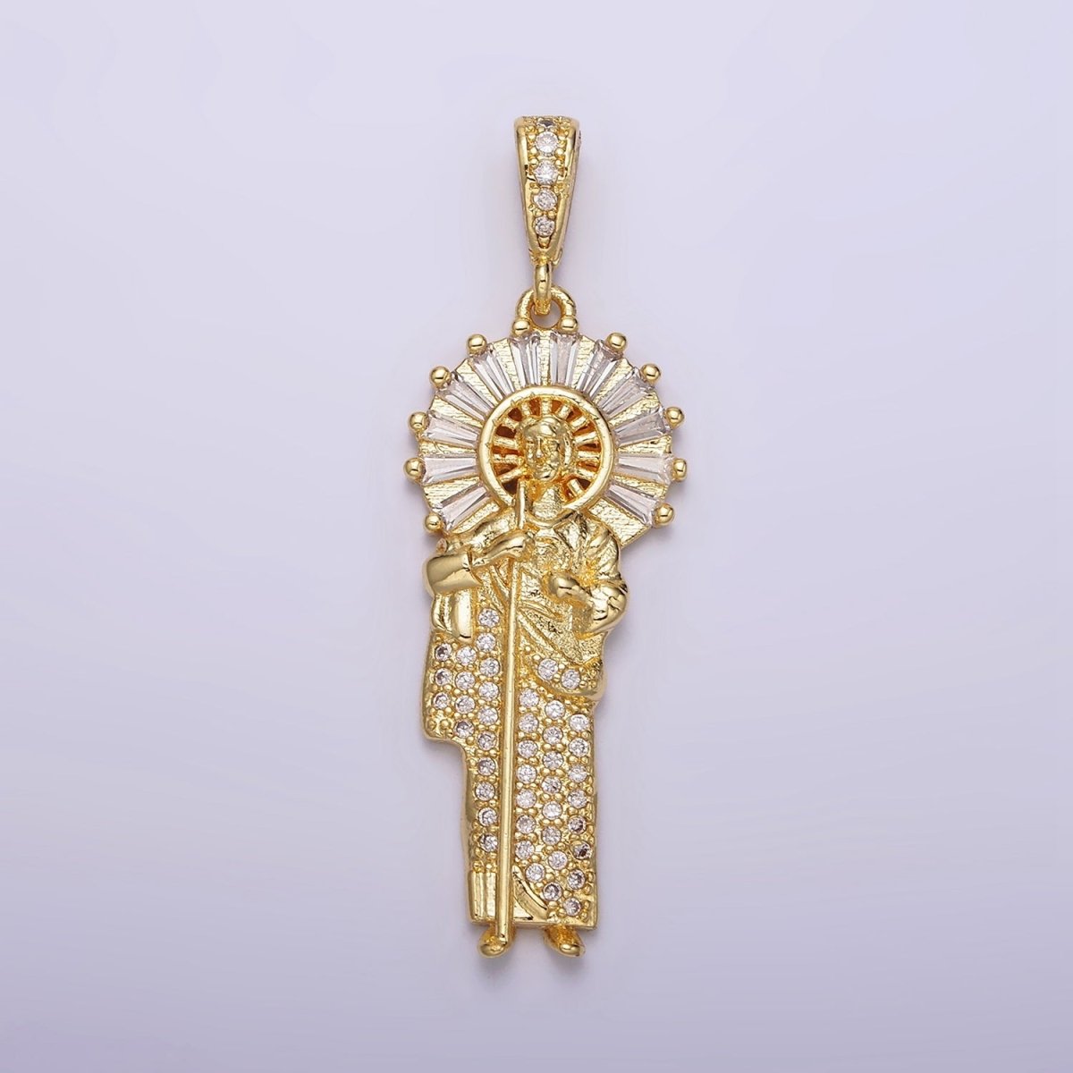 14K Gold Filled 40mm Saint Jude Clear Baguette Micro Paved CZ Bail Pendant | AA609
