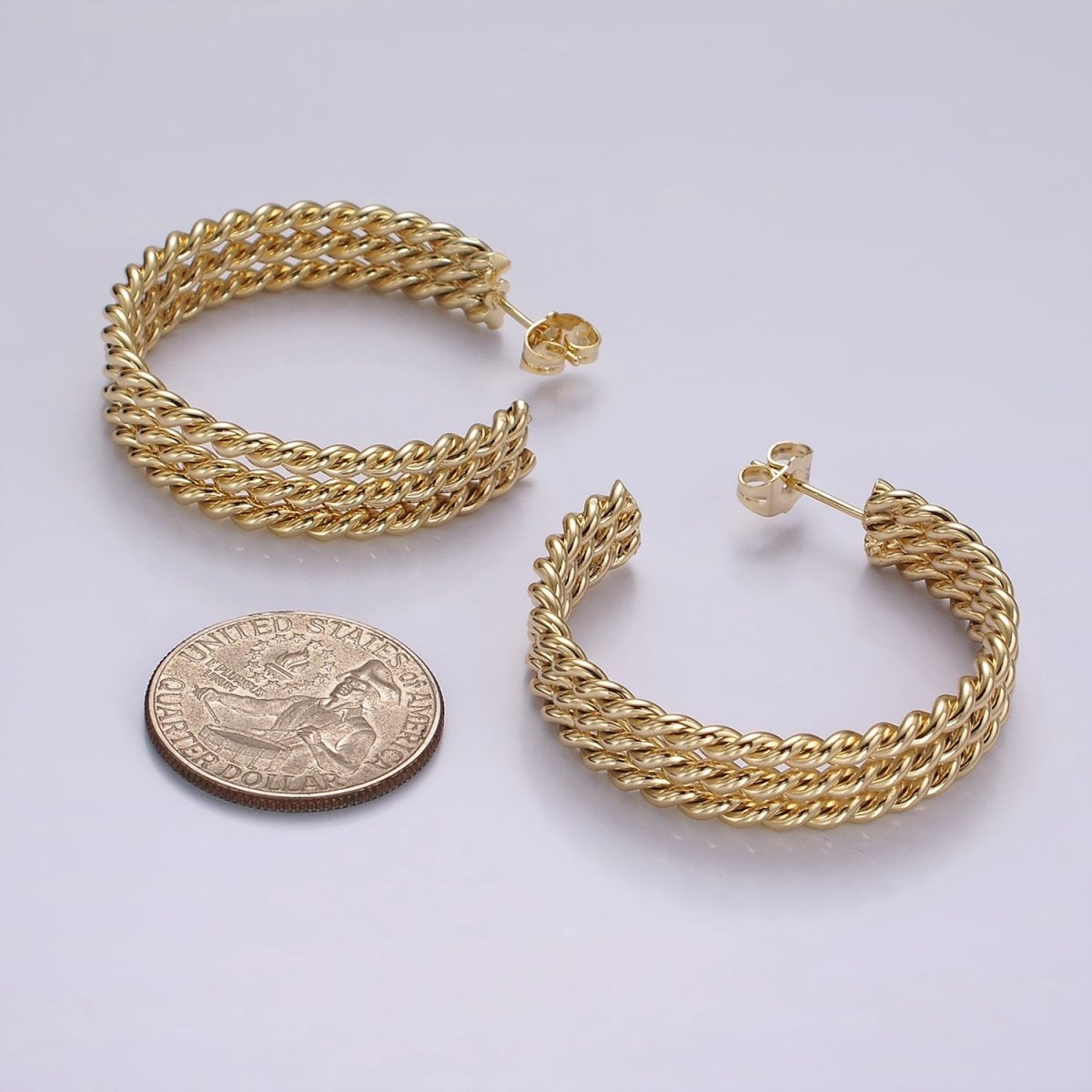 14K Gold Filled 40mm Triple Twisted Croissant Rope C-Shaped Hoop Earrings | AE404