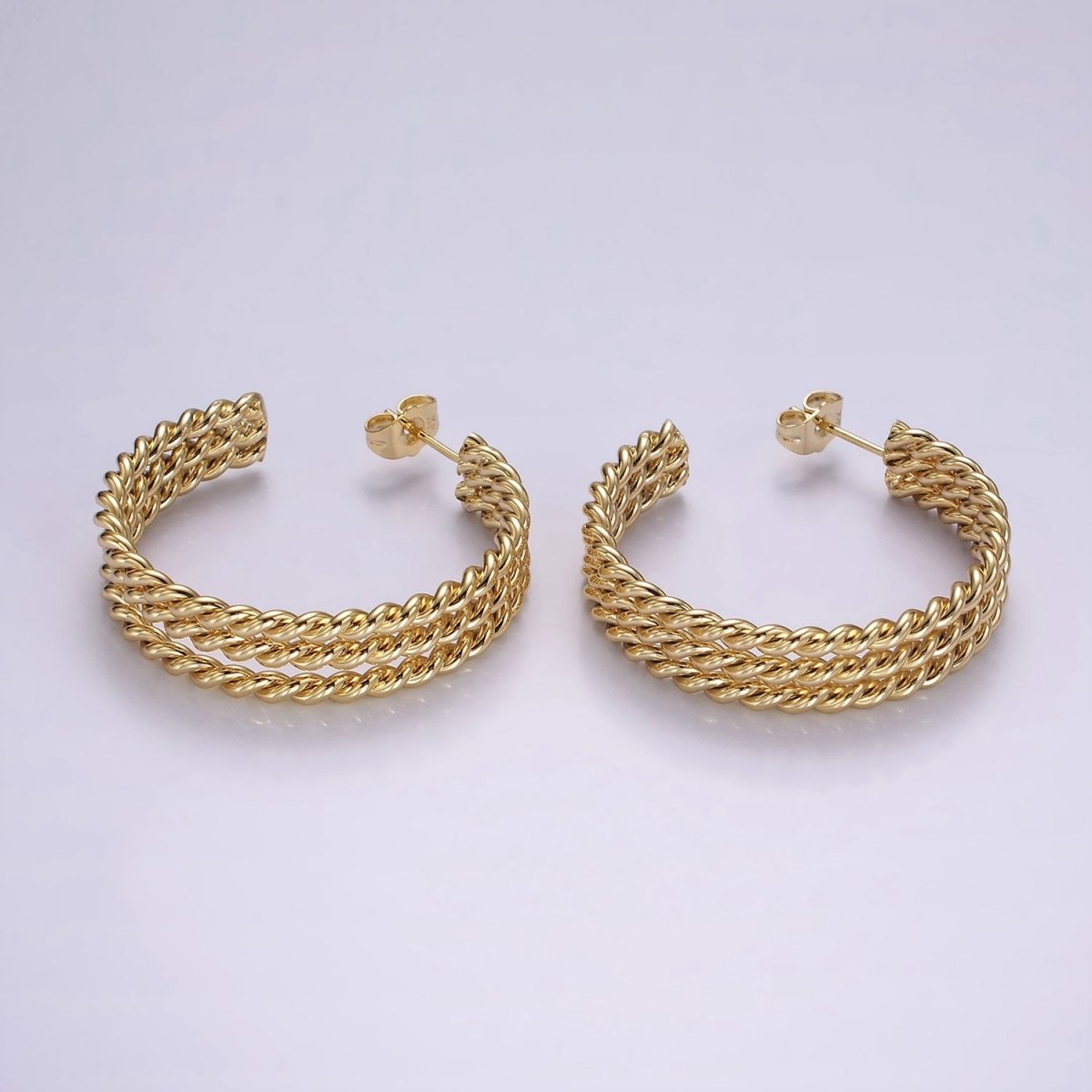 14K Gold Filled 40mm Triple Twisted Croissant Rope C-Shaped Hoop Earrings | AE404