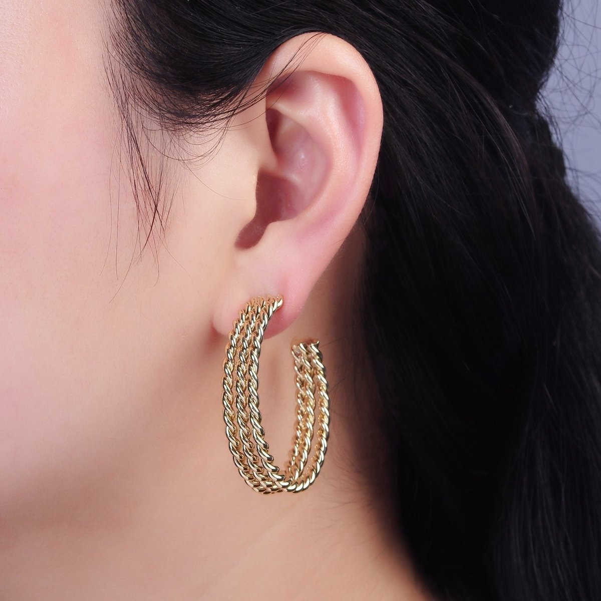 14K Gold Filled 40mm Triple Twisted Croissant Rope C-Shaped Hoop Earrings | AE404