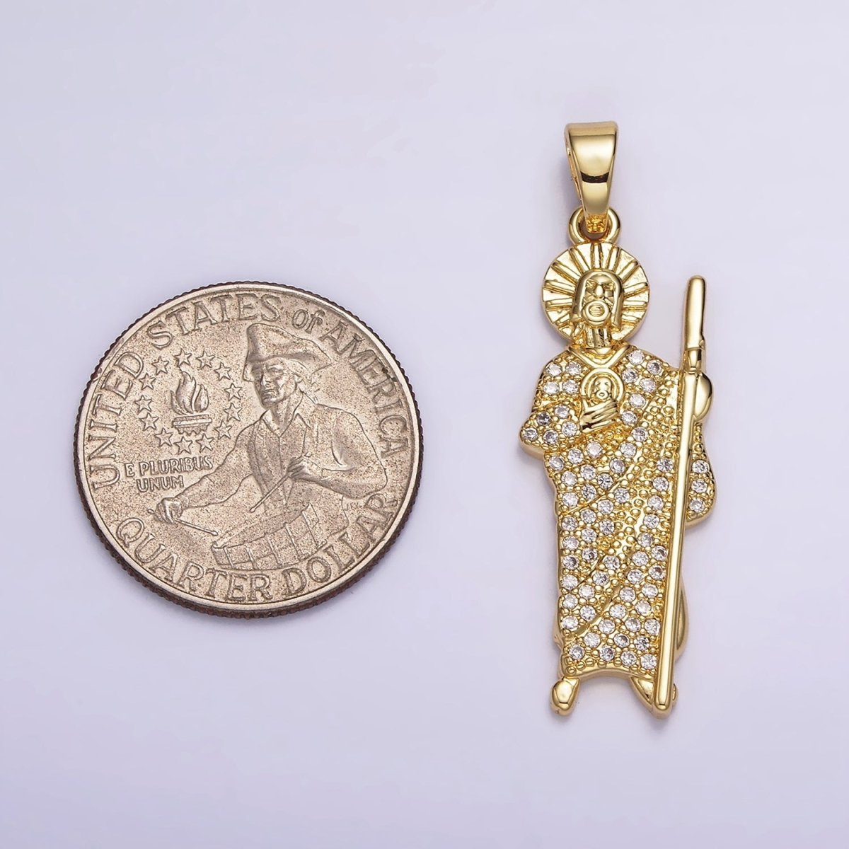 14K Gold Filled 43mm Saint Jude Religious Figure Clear Micro Paved CZ Pendant | N1780