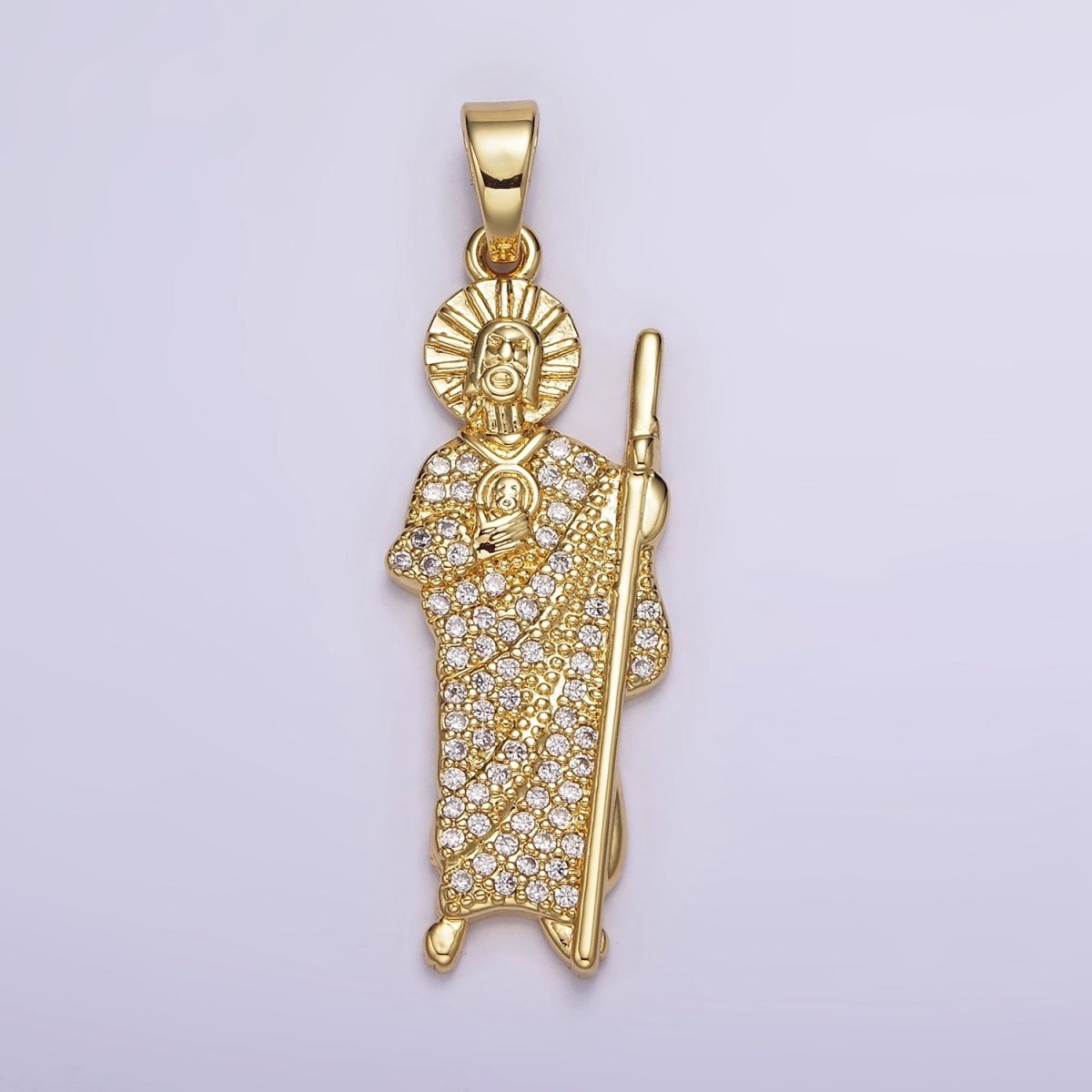 14K Gold Filled 43mm Saint Jude Religious Figure Clear Micro Paved CZ Pendant | N1780