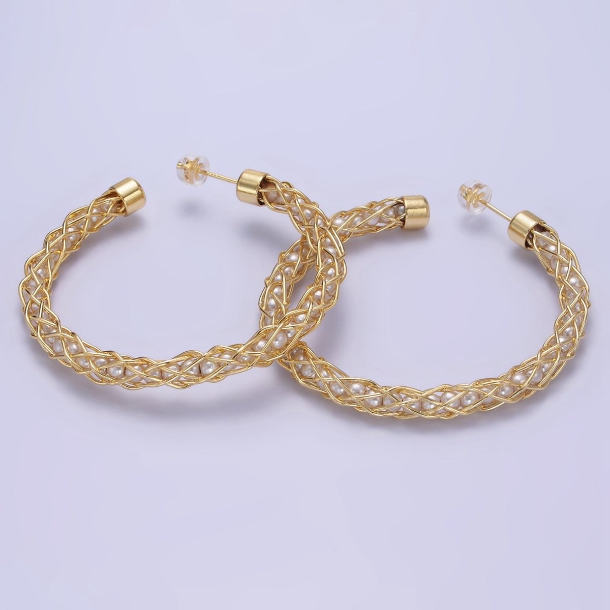 14K Gold Filled 50mm Pearl Lined Wire Intertwined C-Shaped Hoop Earrings | AE518