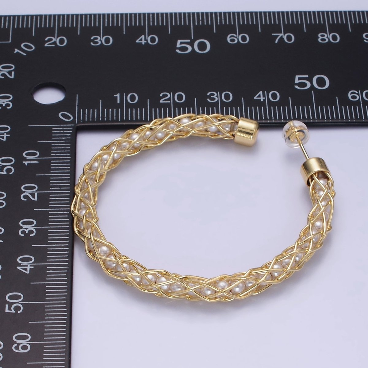 14K Gold Filled 50mm Pearl Lined Wire Intertwined C-Shaped Hoop Earrings | AE518