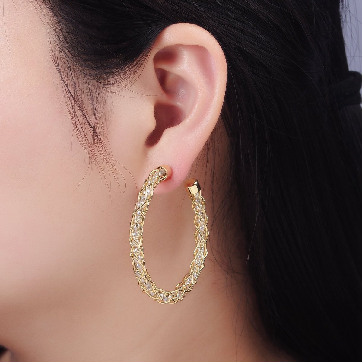 14K Gold Filled 50mm Pearl Lined Wire Intertwined C-Shaped Hoop Earrings | AE518