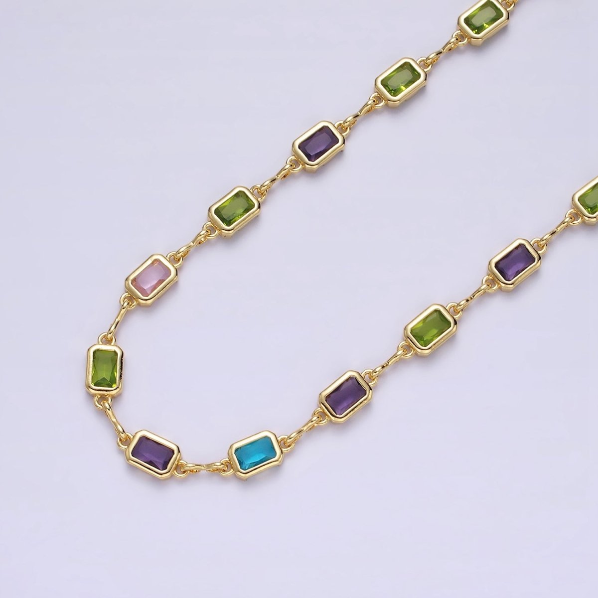 14K Gold Filled 5.3mm Multicolor CZ Baguette Figure Eight Link Designed Unfinished Chain For Jewelry Making | ROLL-1362 Clearance Pricing