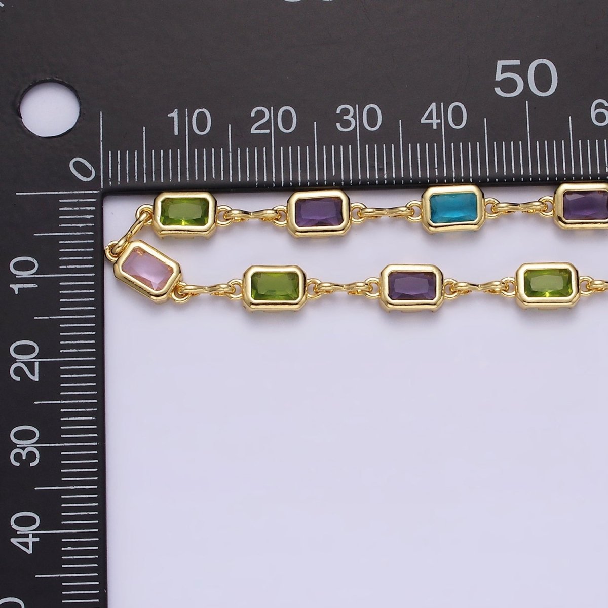 14K Gold Filled 5.3mm Multicolor CZ Baguette Figure Eight Link Designed Unfinished Chain For Jewelry Making | ROLL-1362 Clearance Pricing