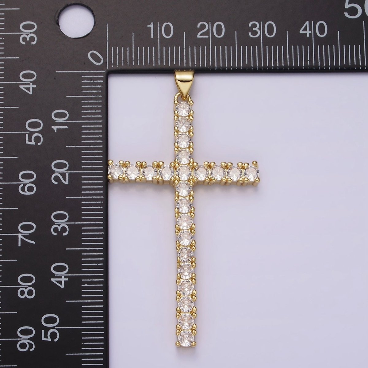 14K Gold Filled 54mm Clear Micro Paved CZ Lined Long Latin Cross Religious Pendant | N1303