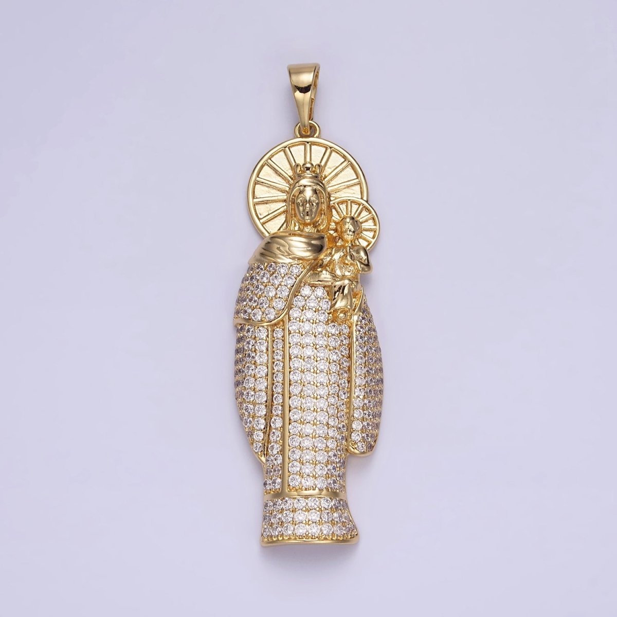 14K Gold Filled 65mm Double Sunburst Lady Guadalupe Clear Micro Paved Pendant | AA648