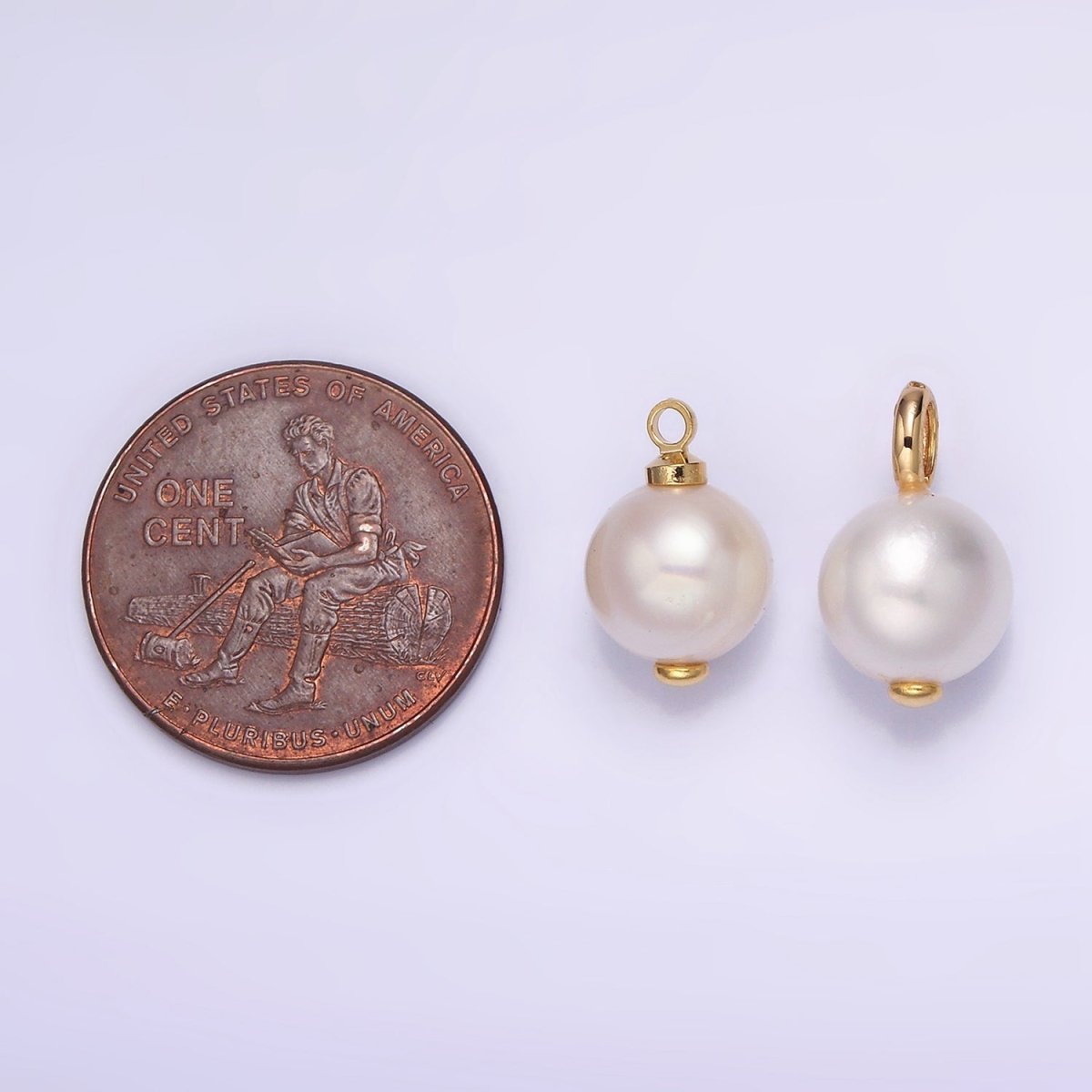 14K Gold Filled 8mm White, Purple Freshwater Pearl Button Round Charm | P1599
