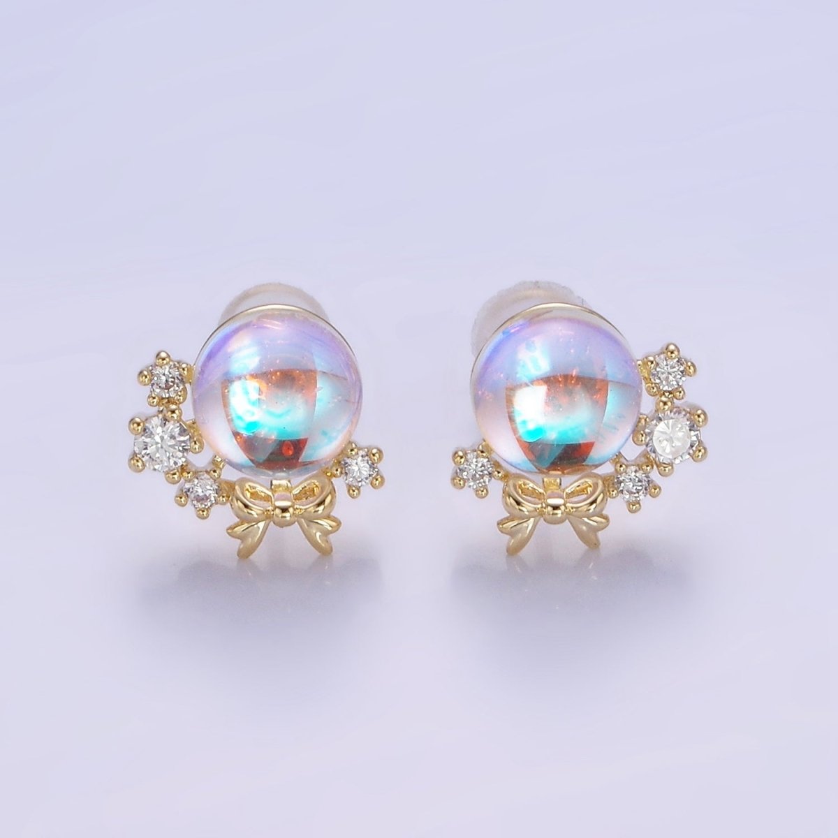 14K Gold Filled AB Iridescent CZ Circular Ribbon Bow Stud Earrings in Gold & Silver | V498 V499