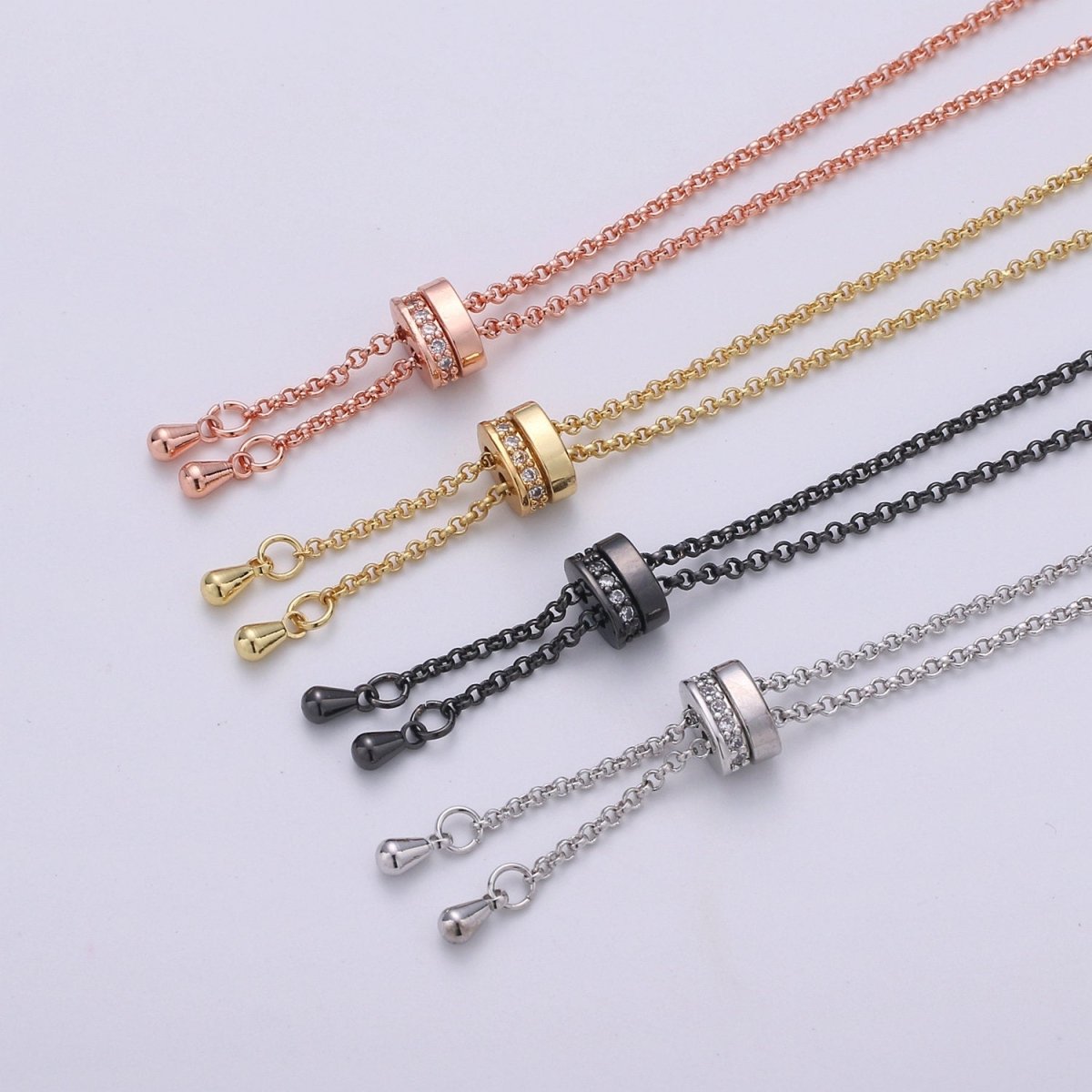 14k Gold Filled Adjustable Necklace Half finished Chain Necklace with rubber stopper Rose Gold, Silver, Black Rolo Chain Wholesale 1pc/10pcs K-520 - K-523