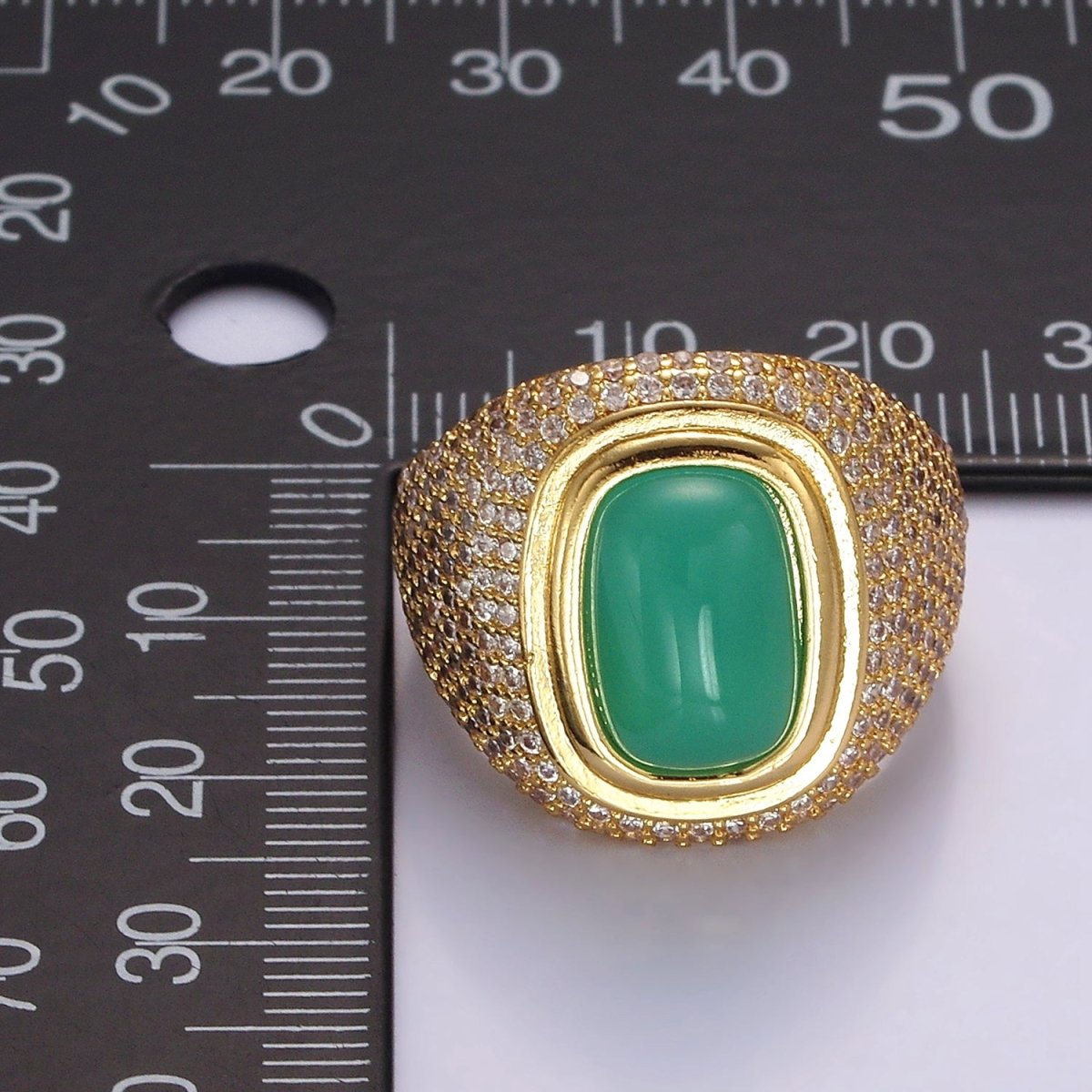 14K Gold Filled Amazonite Gemstone Clear Micro Paved CZ Wide Signet Ring | O1095