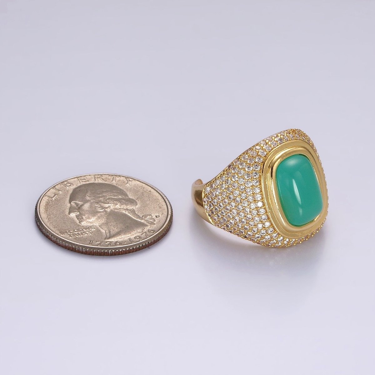 14K Gold Filled Amazonite Gemstone Clear Micro Paved CZ Wide Signet Ring | O1095