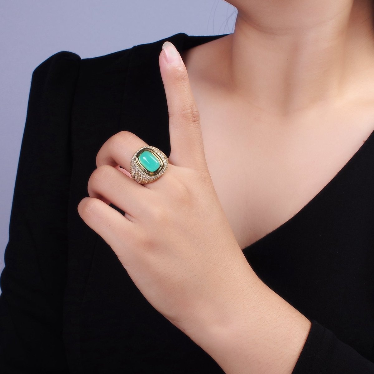 14K Gold Filled Amazonite Gemstone Clear Micro Paved CZ Wide Signet Ring | O1095
