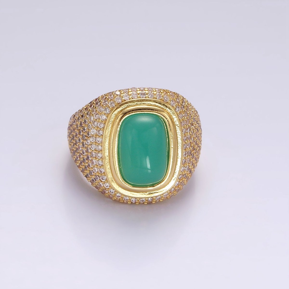 14K Gold Filled Amazonite Gemstone Clear Micro Paved CZ Wide Signet Ring | O1095