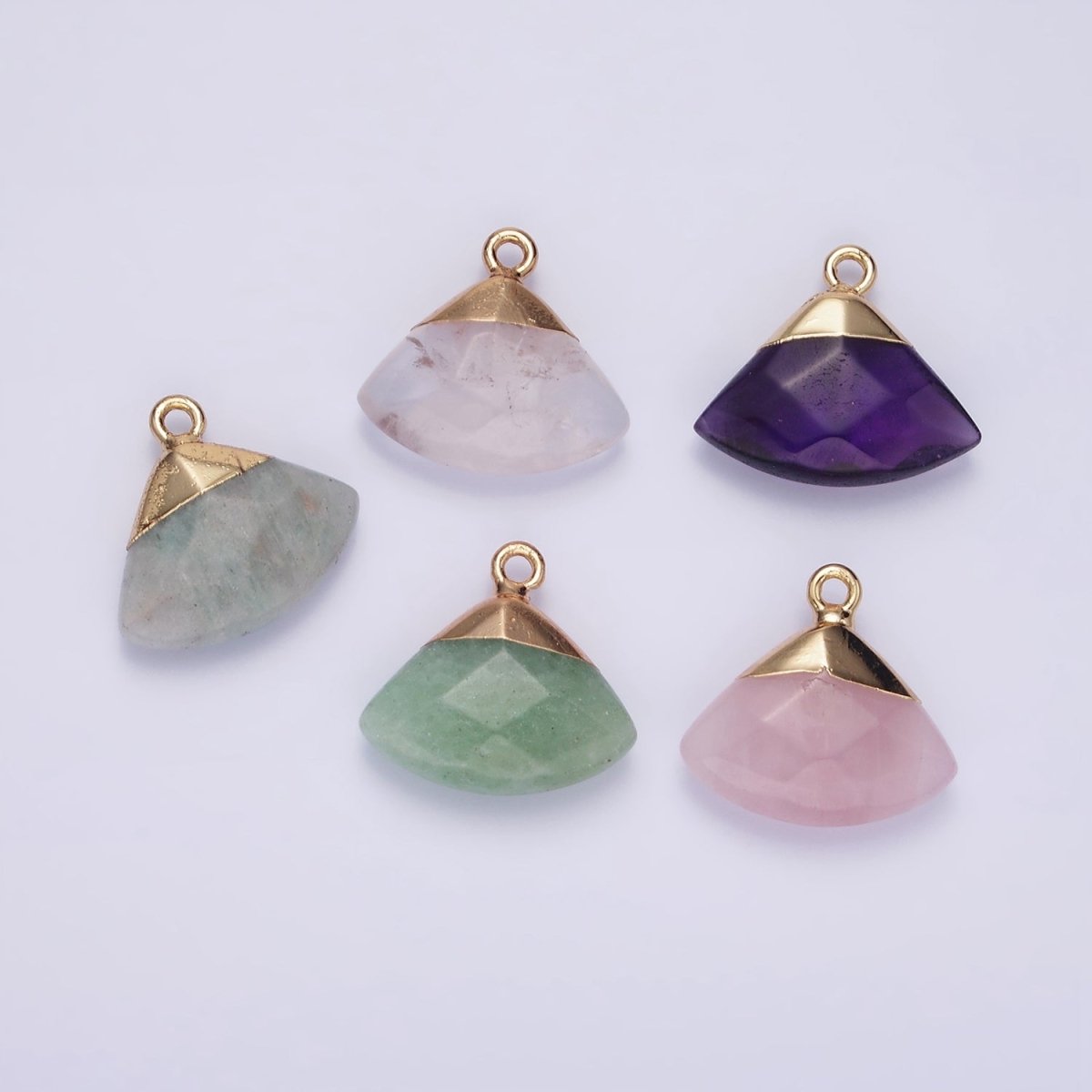 14K Gold Filled Amethyst, Aventurine, Rose Quartz, Clear Quartz, Amazonite Triangle Fan Molten Charm | N1737 - N1741