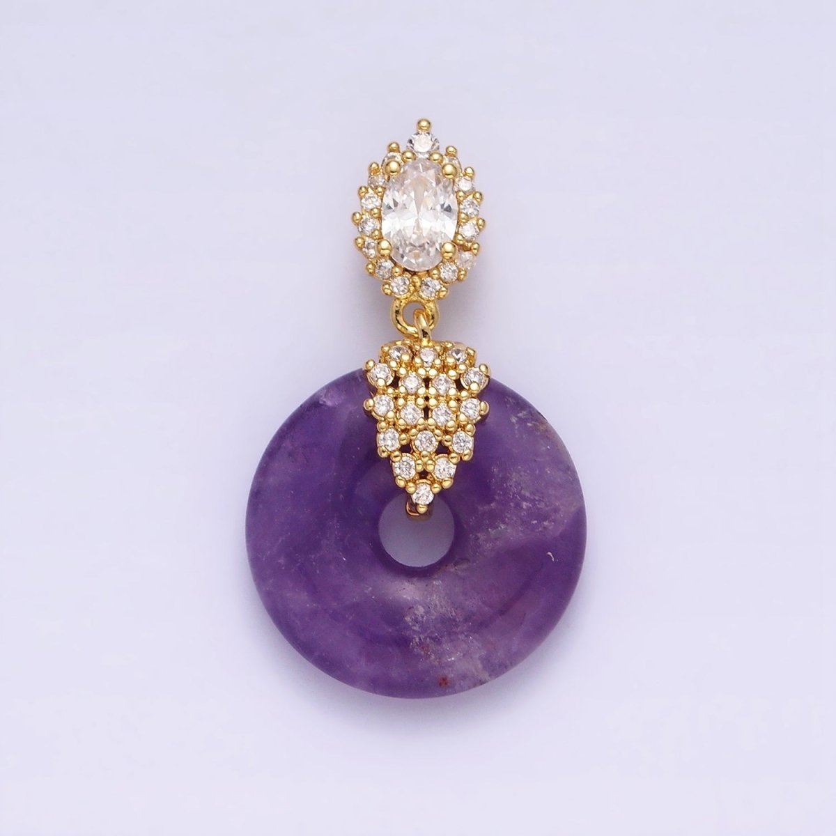 14K Gold Filled Amethyst Natural Gemstone Donut Micro Paved CZ Oval Artisan Bail Pendant | AA541