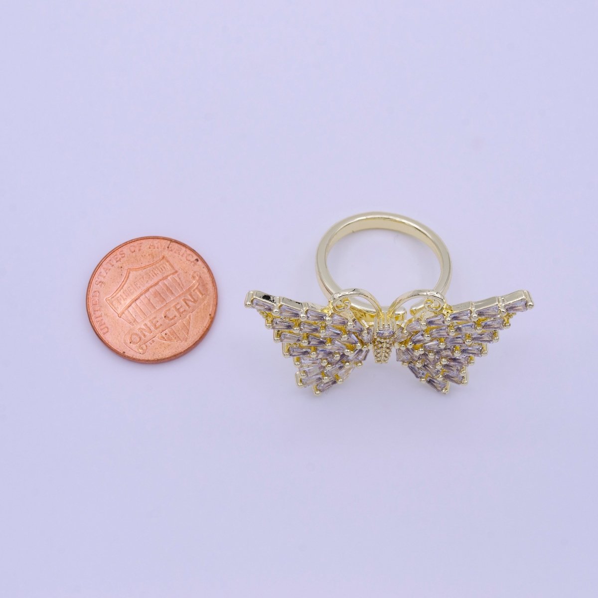 14K Gold Filled Antenna Butterfly Clear Triangle CZ Wings Adjustable Ring | O-007