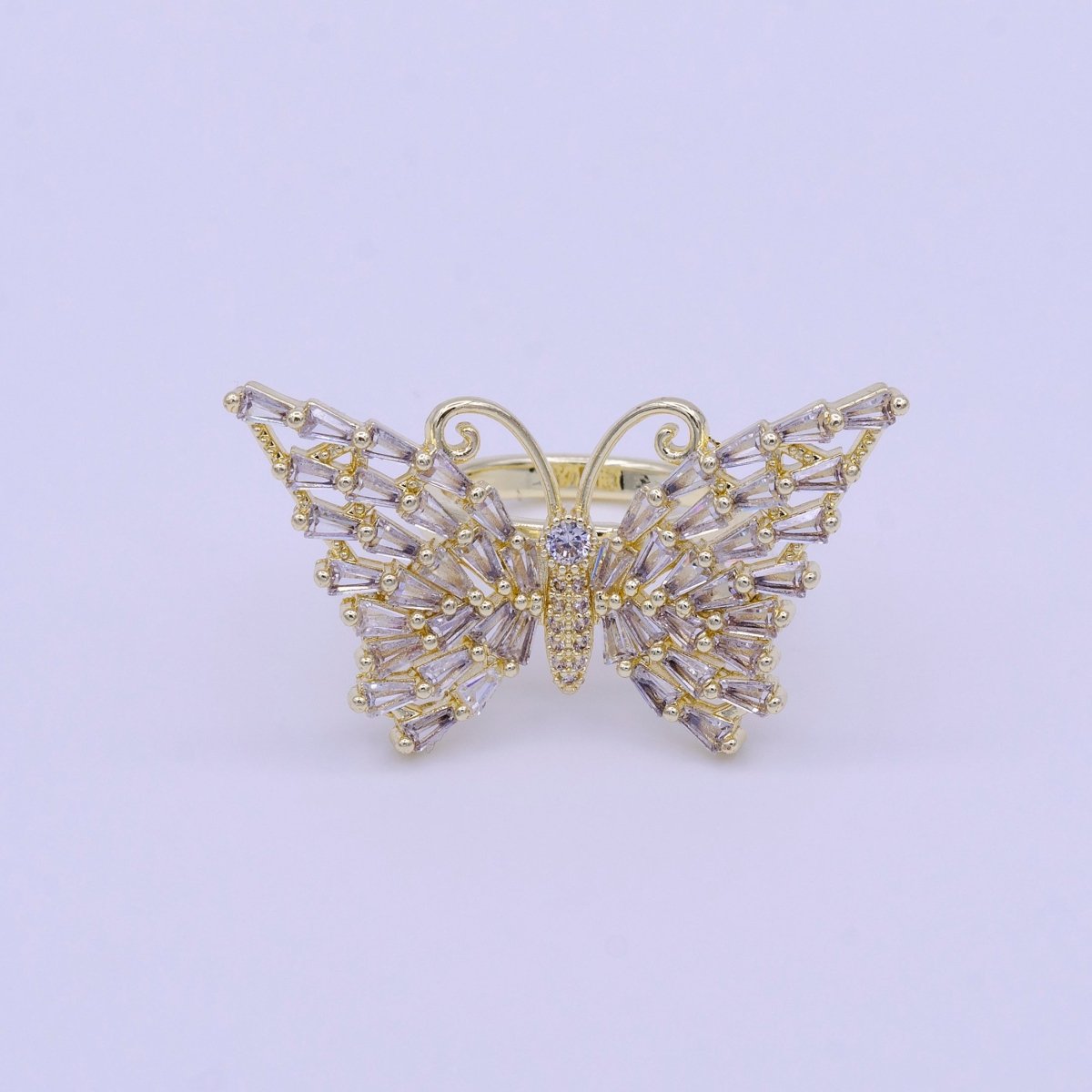 14K Gold Filled Antenna Butterfly Clear Triangle CZ Wings Adjustable Ring | O-007