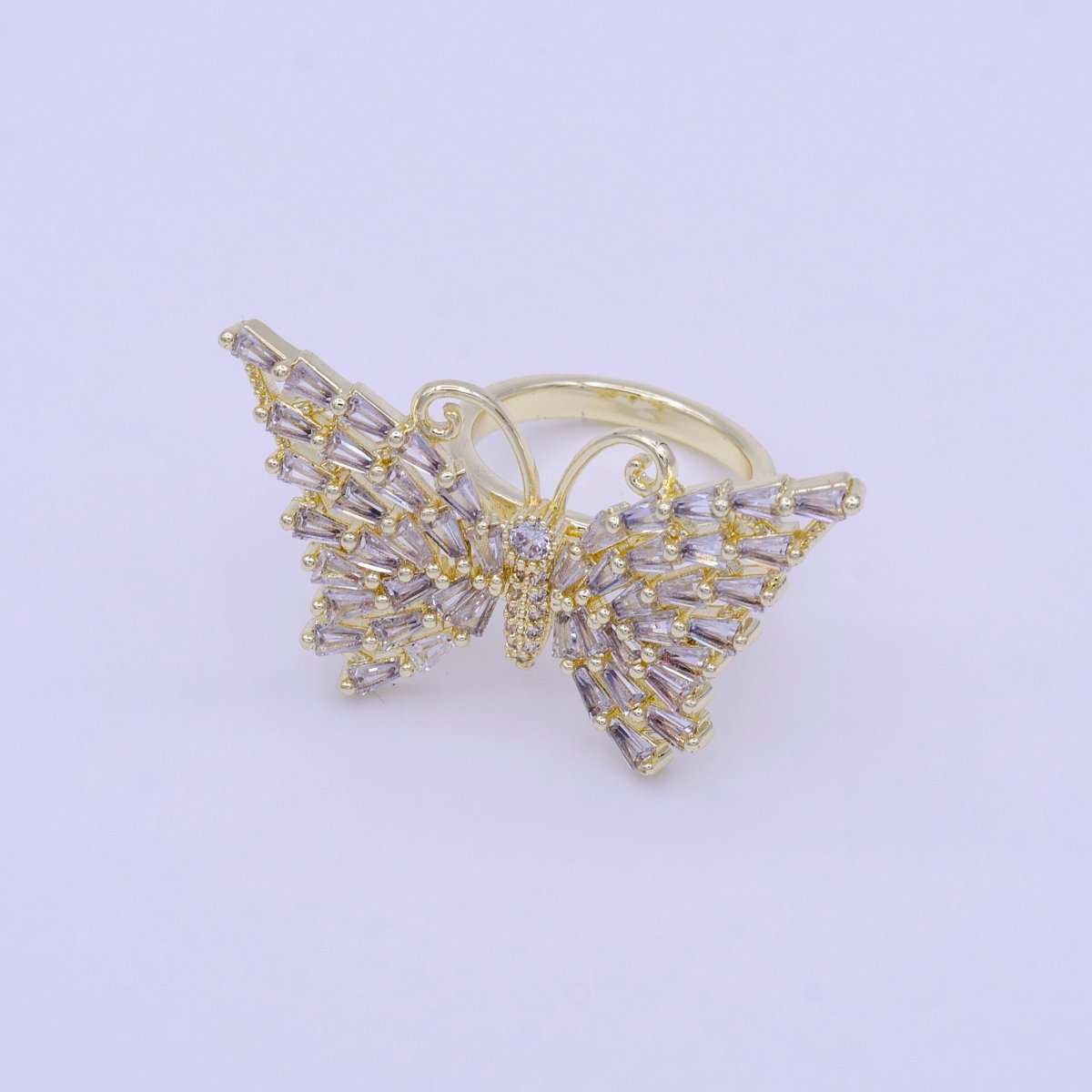 14K Gold Filled Antenna Butterfly Clear Triangle CZ Wings Adjustable Ring | O-007
