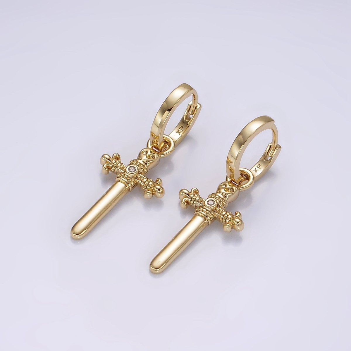 14K Gold Filled Artisan Fleury Cross Sword CZ Drop Huggie Earrings | AE934