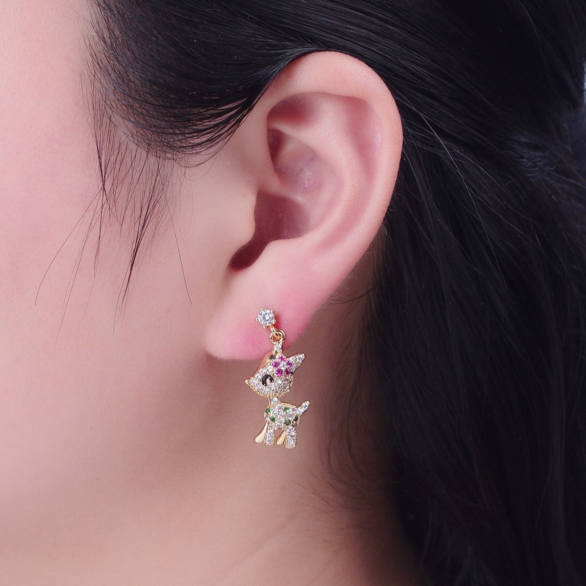 14K Gold Filled Baby Woodland Reindeer Multicolor Micro Paved CZ Stud Earrings | P-319