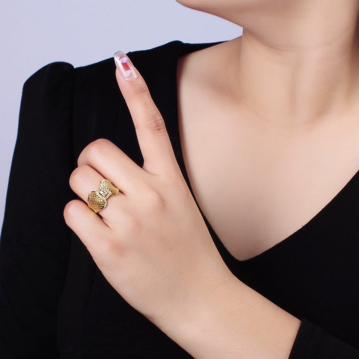 14K Gold Filled Baguette CZ Micro Paved Rhombus Filigree Wide Ring | O1353