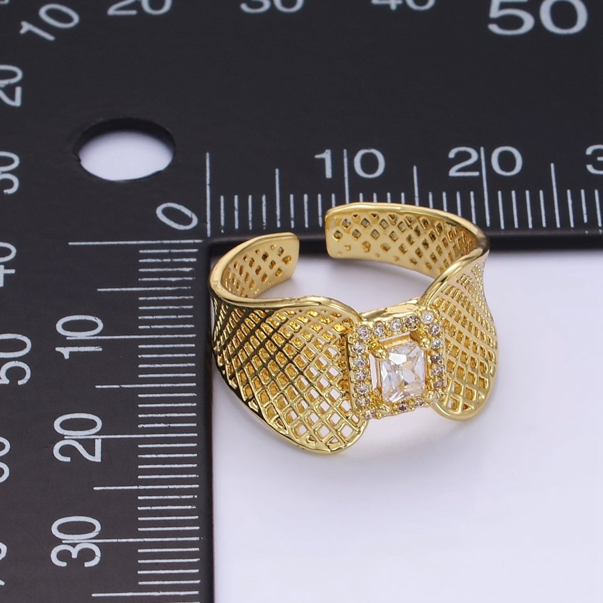 14K Gold Filled Baguette CZ Micro Paved Rhombus Filigree Wide Ring | O1353