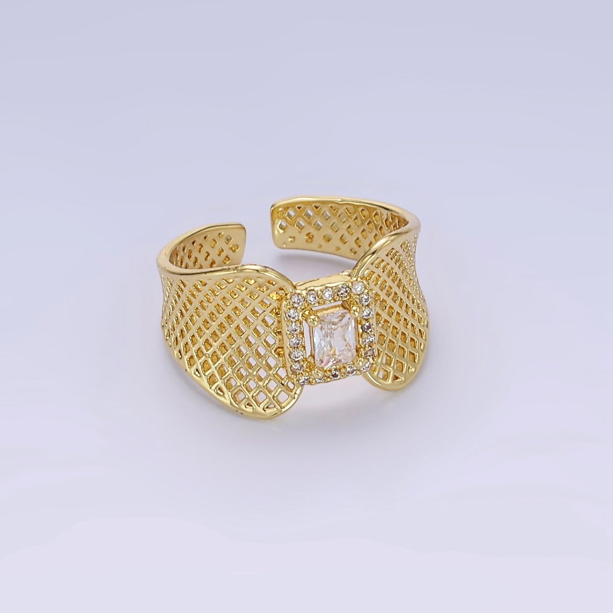 14K Gold Filled Baguette CZ Micro Paved Rhombus Filigree Wide Ring | O1353