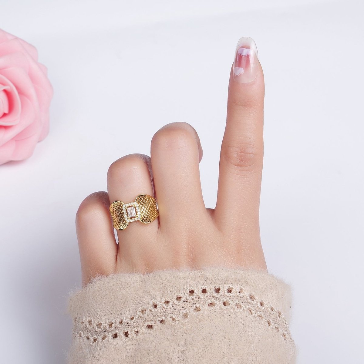 14K Gold Filled Baguette CZ Micro Paved Rhombus Filigree Wide Ring | O1353
