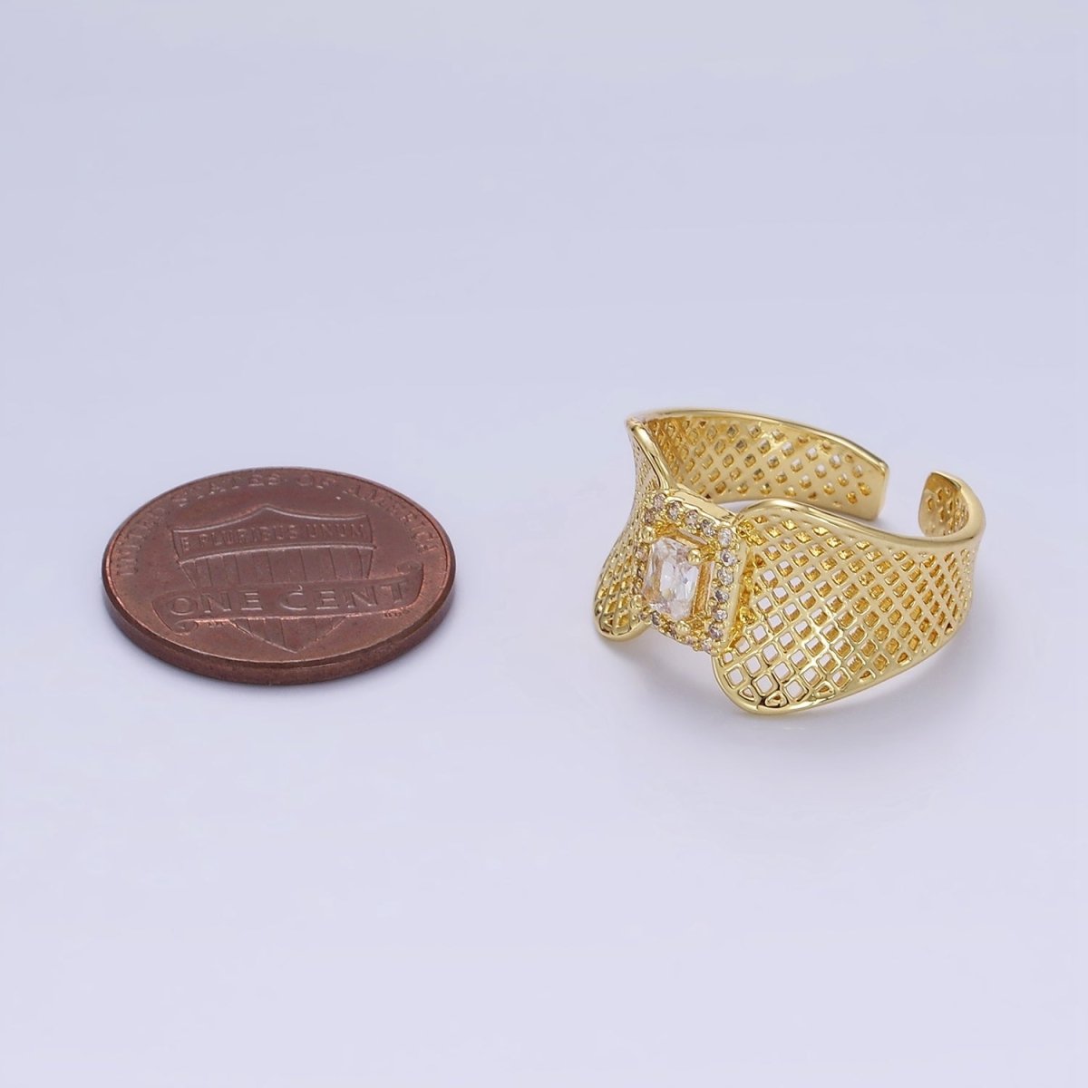 14K Gold Filled Baguette CZ Micro Paved Rhombus Filigree Wide Ring | O1353