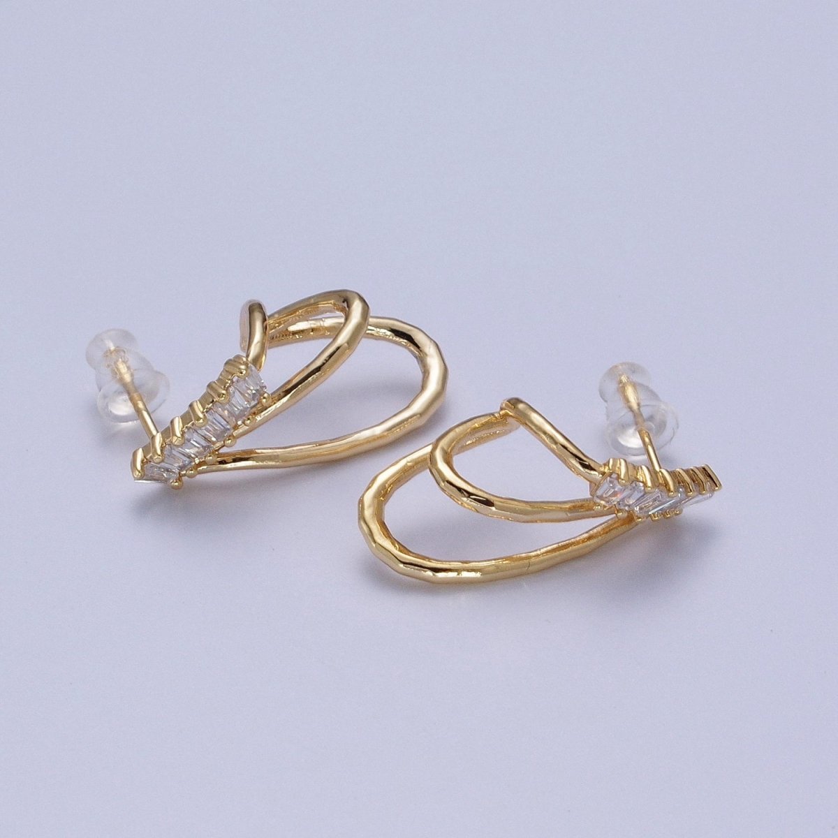 14K Gold Filled Baguette Lined Triple Band J-Shaped Stud Earrings Set | AE537