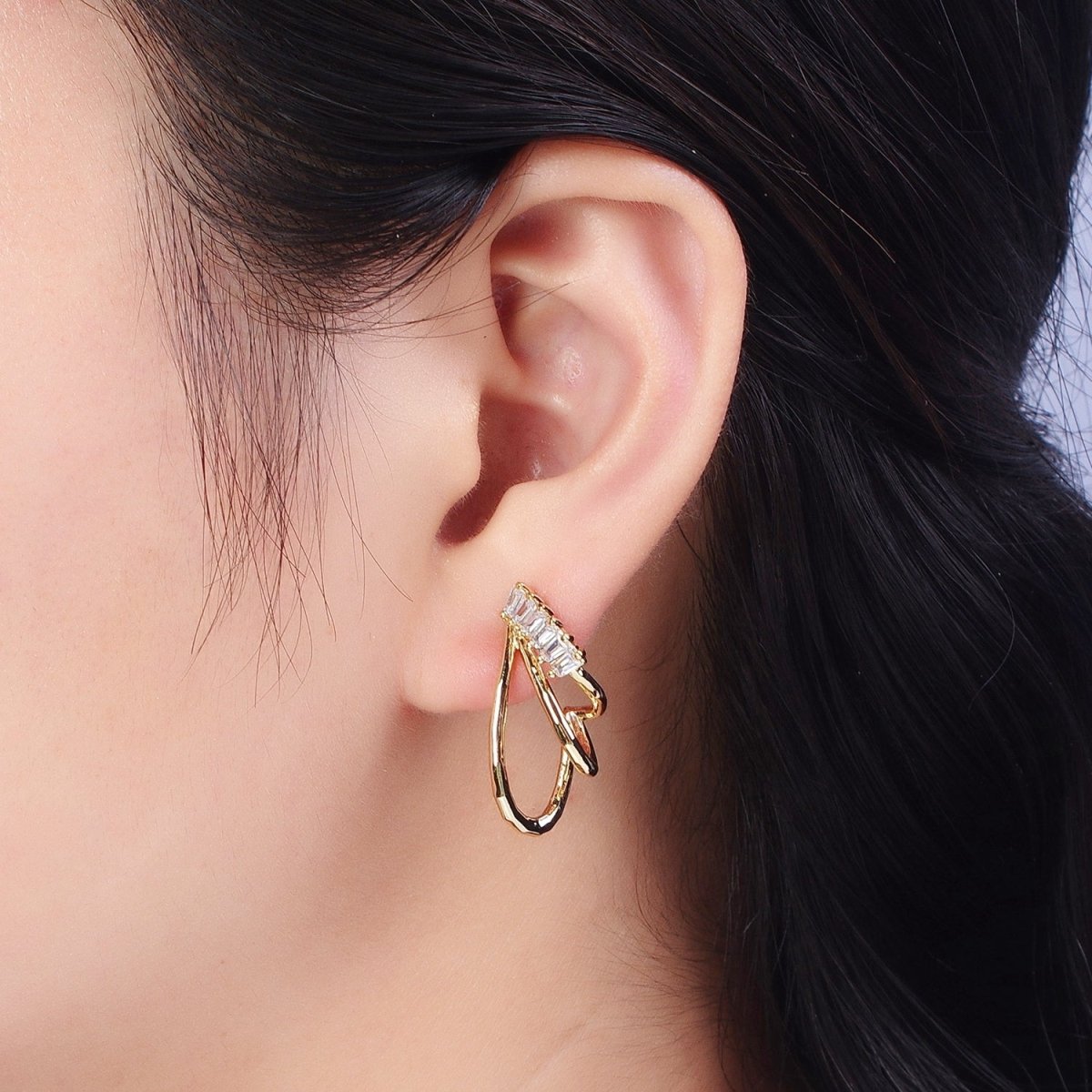 14K Gold Filled Baguette Lined Triple Band J-Shaped Stud Earrings Set | AE537