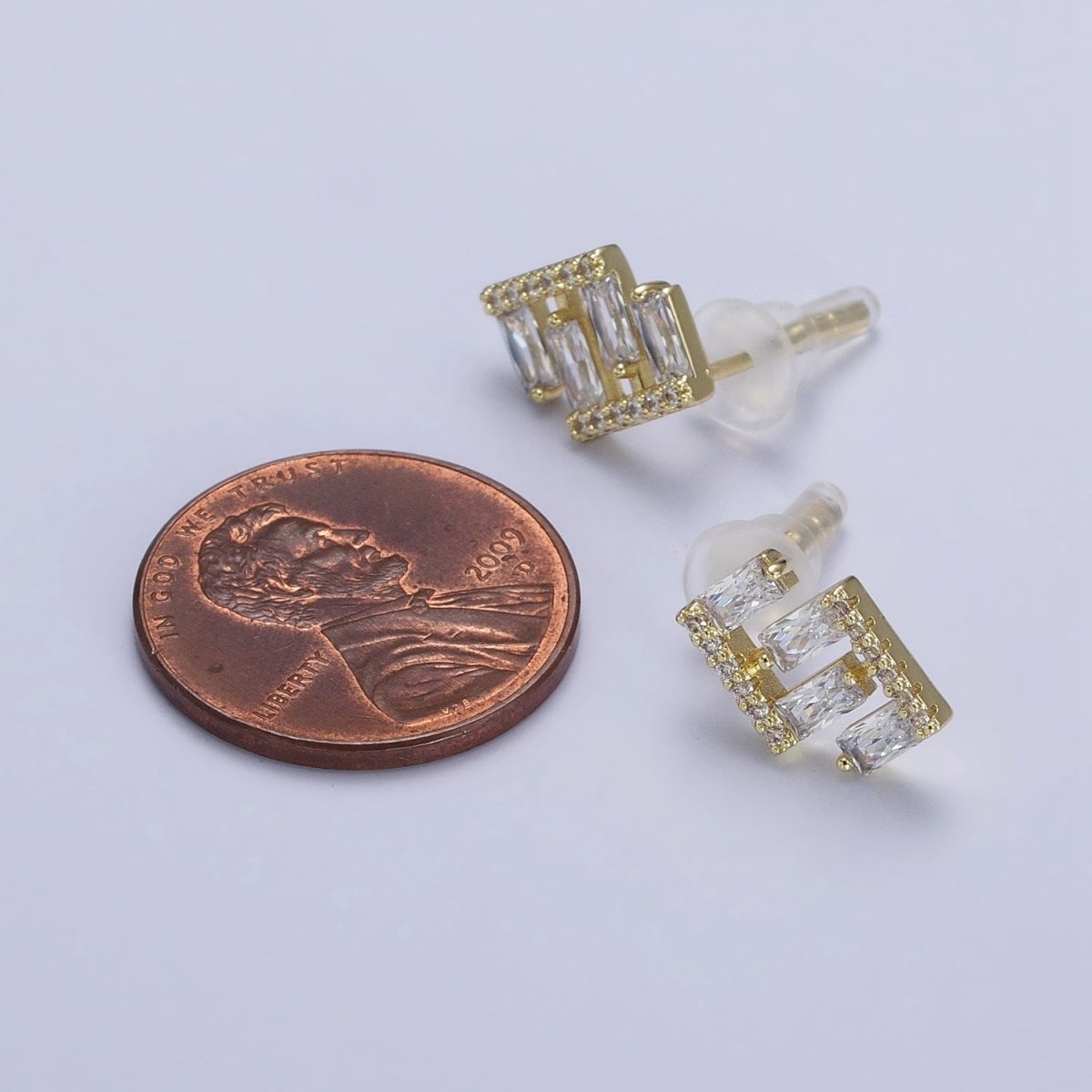 14K Gold Filled Baguette Micro Paved Geometric Bar Lined Dainty Stud Earrings | AB163