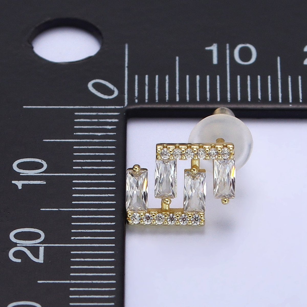 14K Gold Filled Baguette Micro Paved Geometric Bar Lined Dainty Stud Earrings | AB163