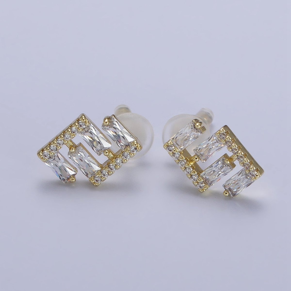 14K Gold Filled Baguette Micro Paved Geometric Bar Lined Dainty Stud Earrings | AB163