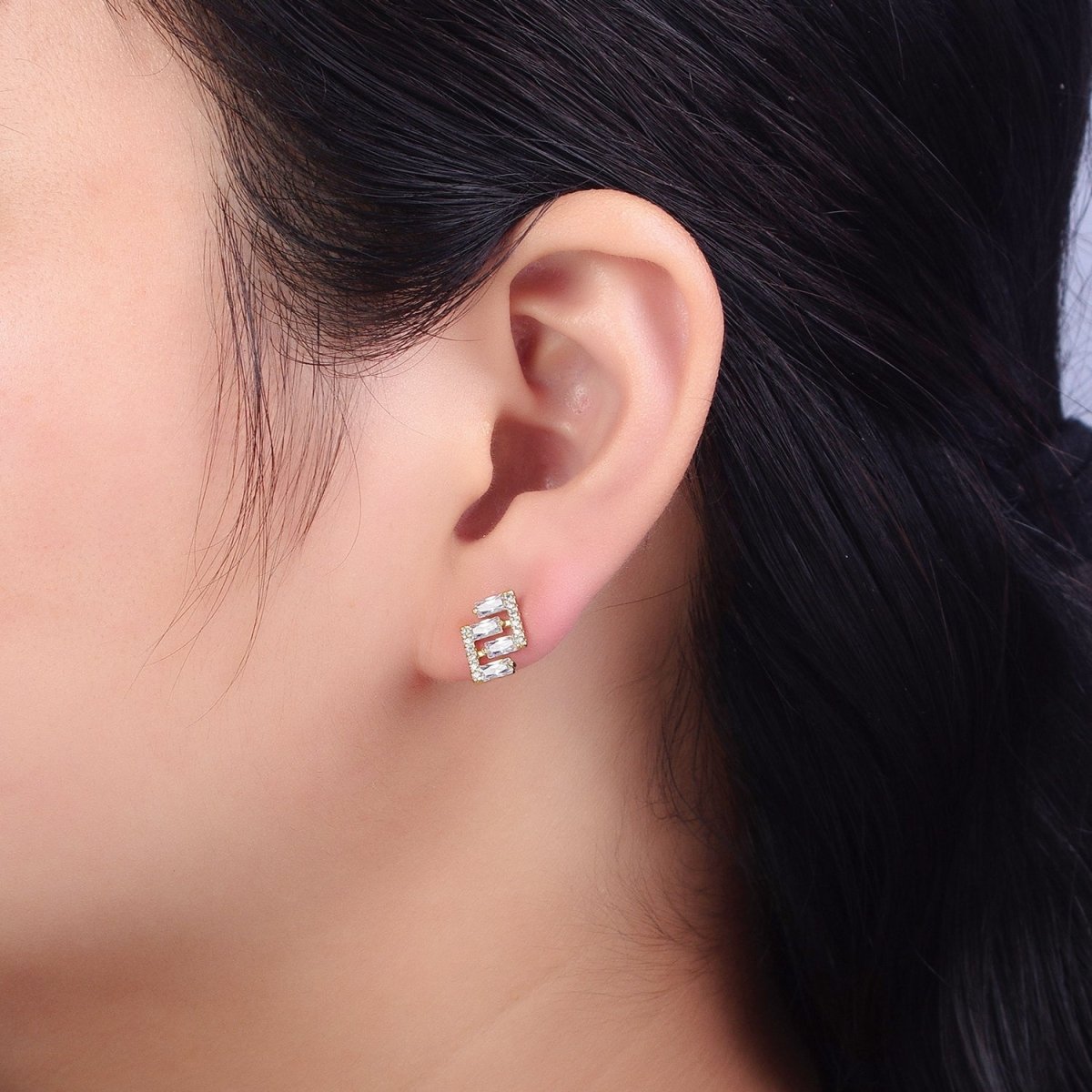 14K Gold Filled Baguette Micro Paved Geometric Bar Lined Dainty Stud Earrings | AB163