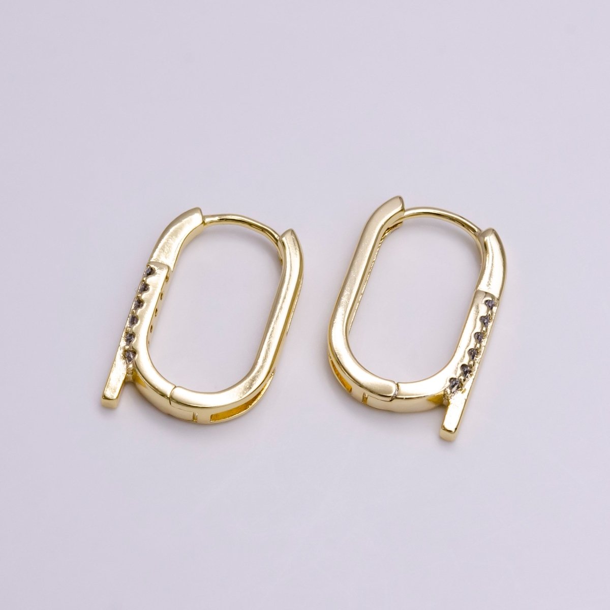 14K Gold Filled Bar Micro Paved CZ 20mm Oblong Hoop Earrings | AD1024