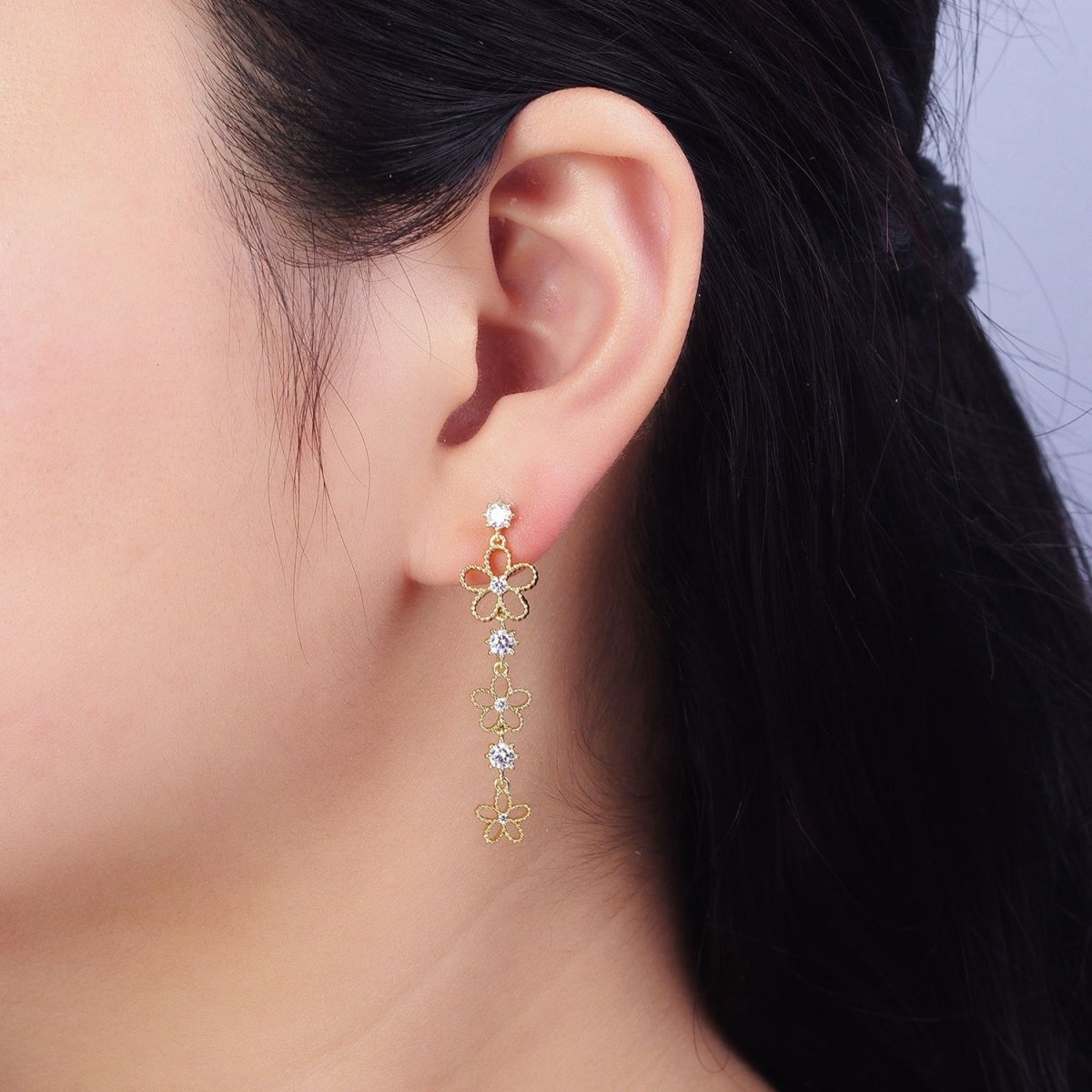 14K Gold Filled Beaded Flower Clear CZ Linear Drop Stud Earrings Set | AD1467