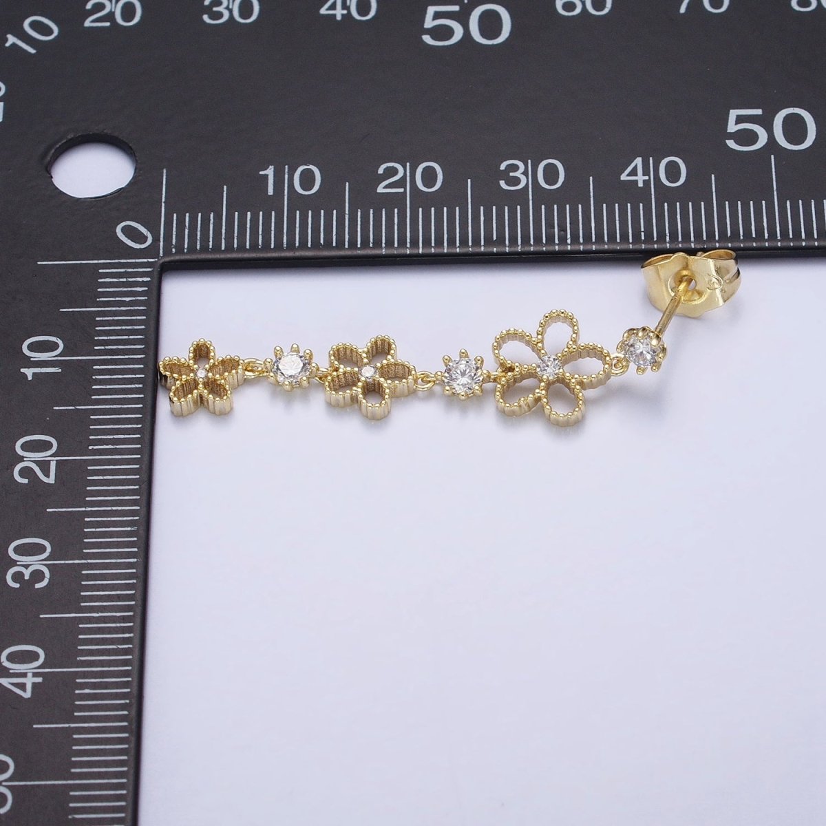 14K Gold Filled Beaded Flower Clear CZ Linear Drop Stud Earrings Set | AD1467