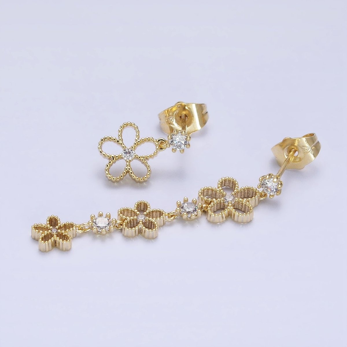 14K Gold Filled Beaded Flower Clear CZ Linear Drop Stud Earrings Set | AD1467