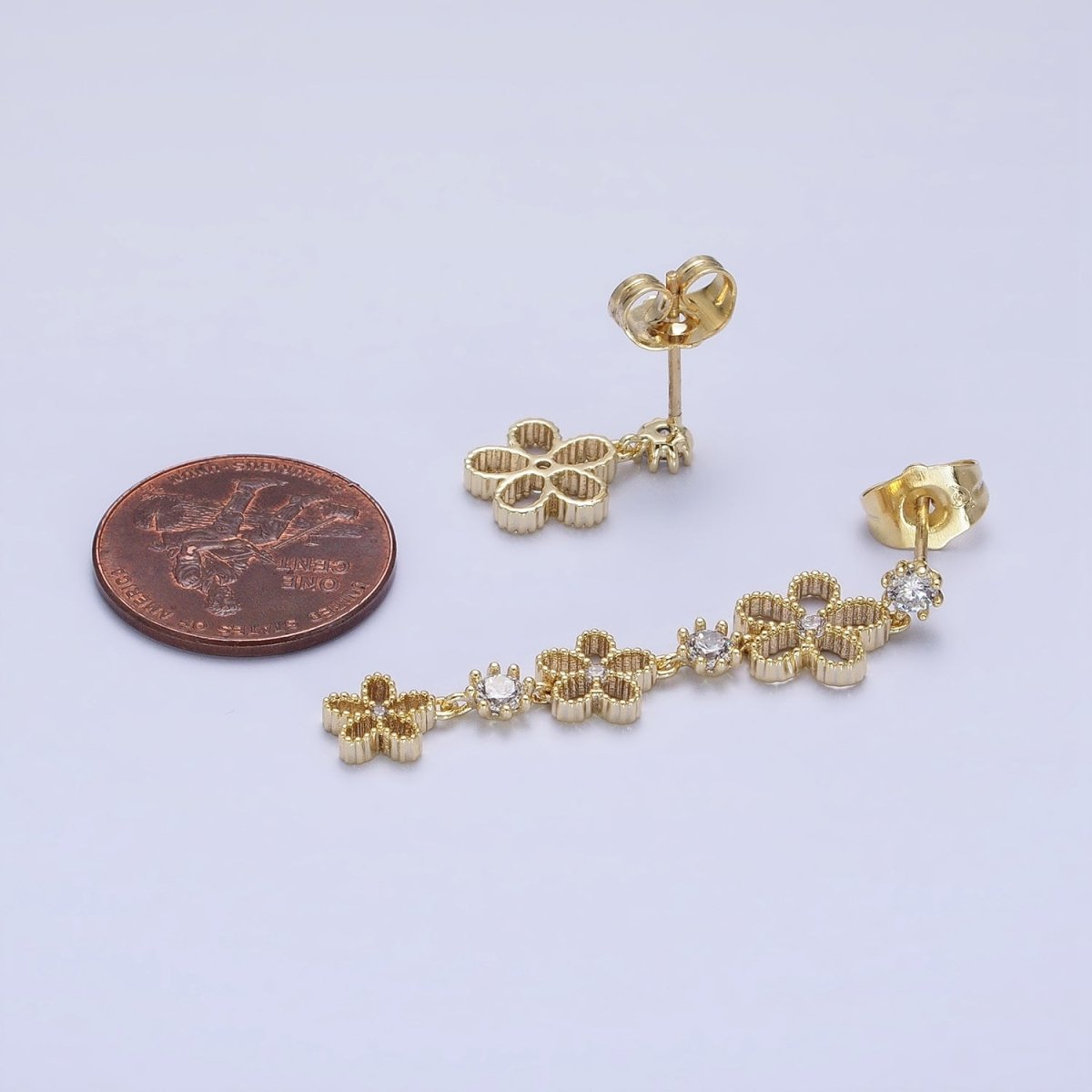 14K Gold Filled Beaded Flower Clear CZ Linear Drop Stud Earrings Set | AD1467