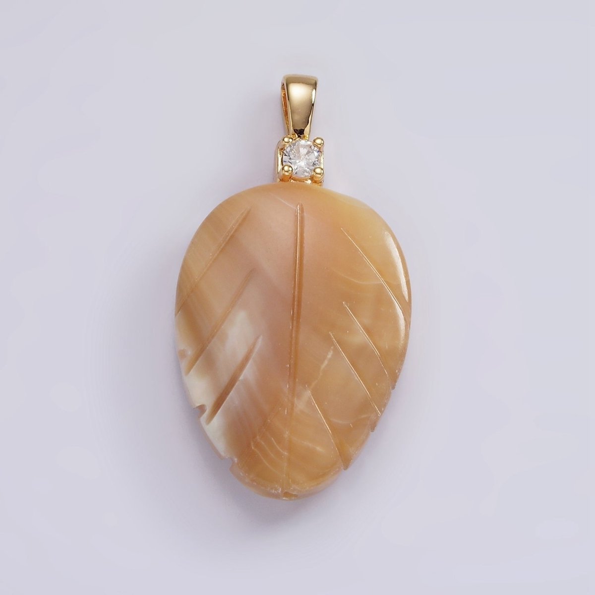 14K Gold Filled Beige Brown Leaf Feather Shell Pearl CZ Pendant | P1665
