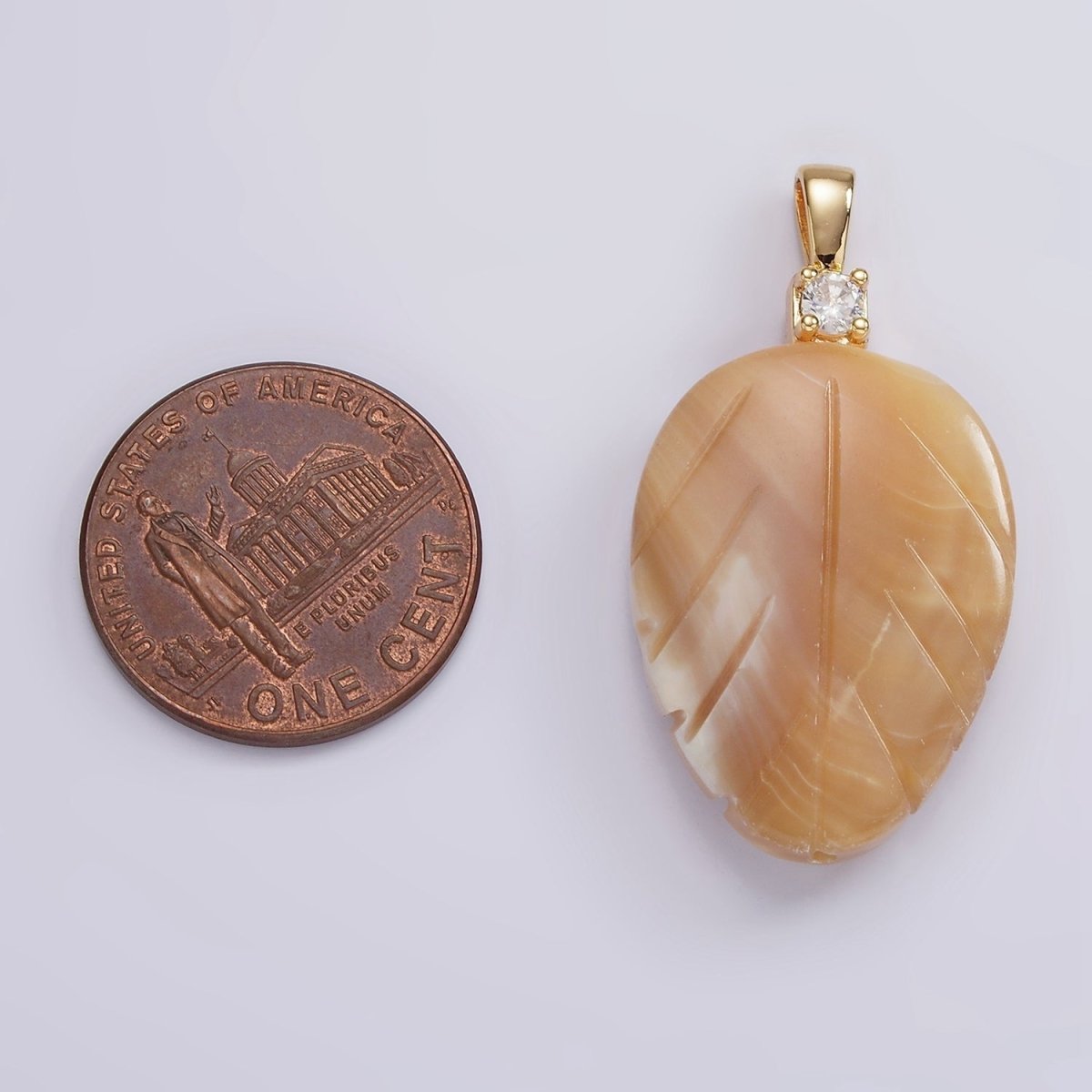 14K Gold Filled Beige Brown Leaf Feather Shell Pearl CZ Pendant | P1665