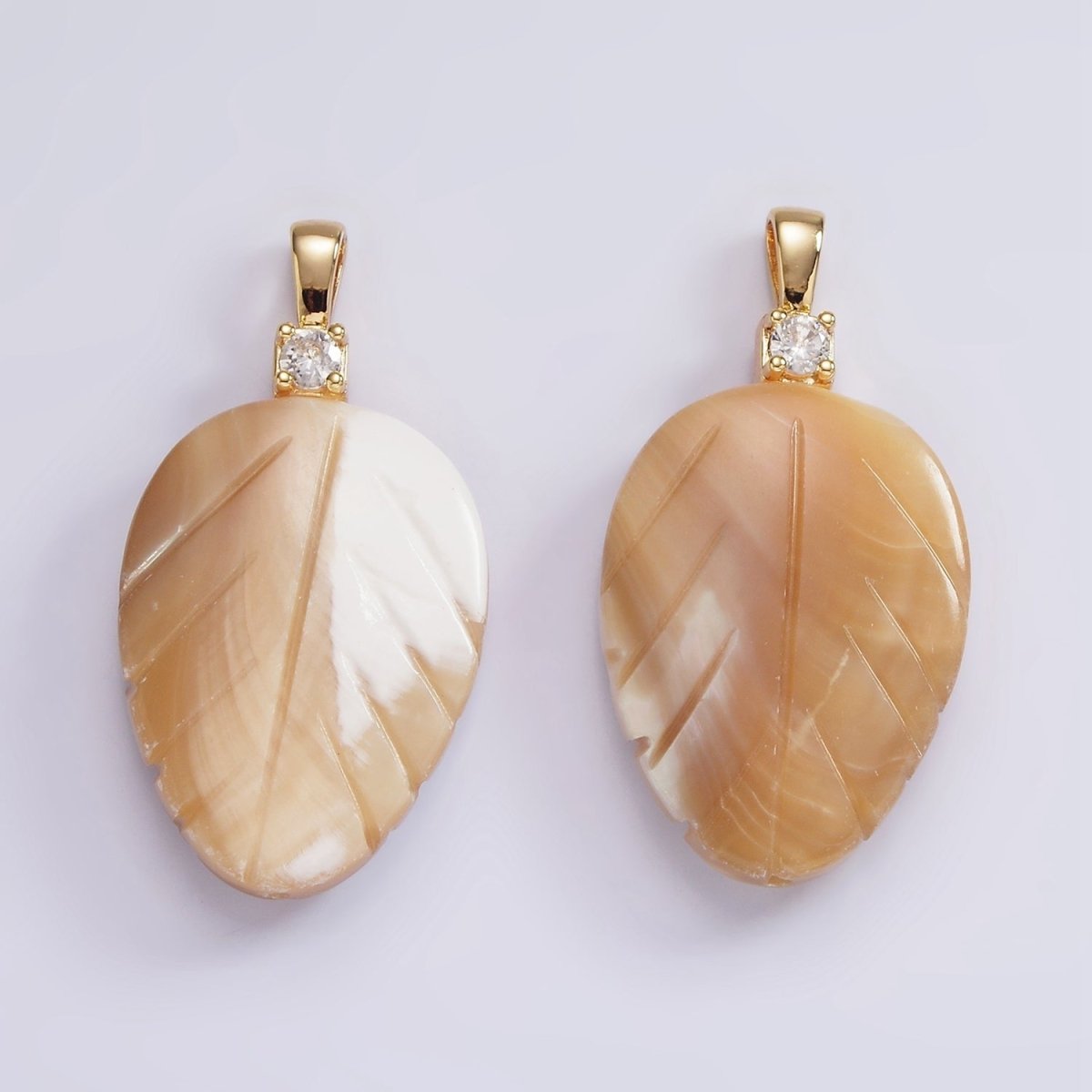 14K Gold Filled Beige Brown Leaf Feather Shell Pearl CZ Pendant | P1665