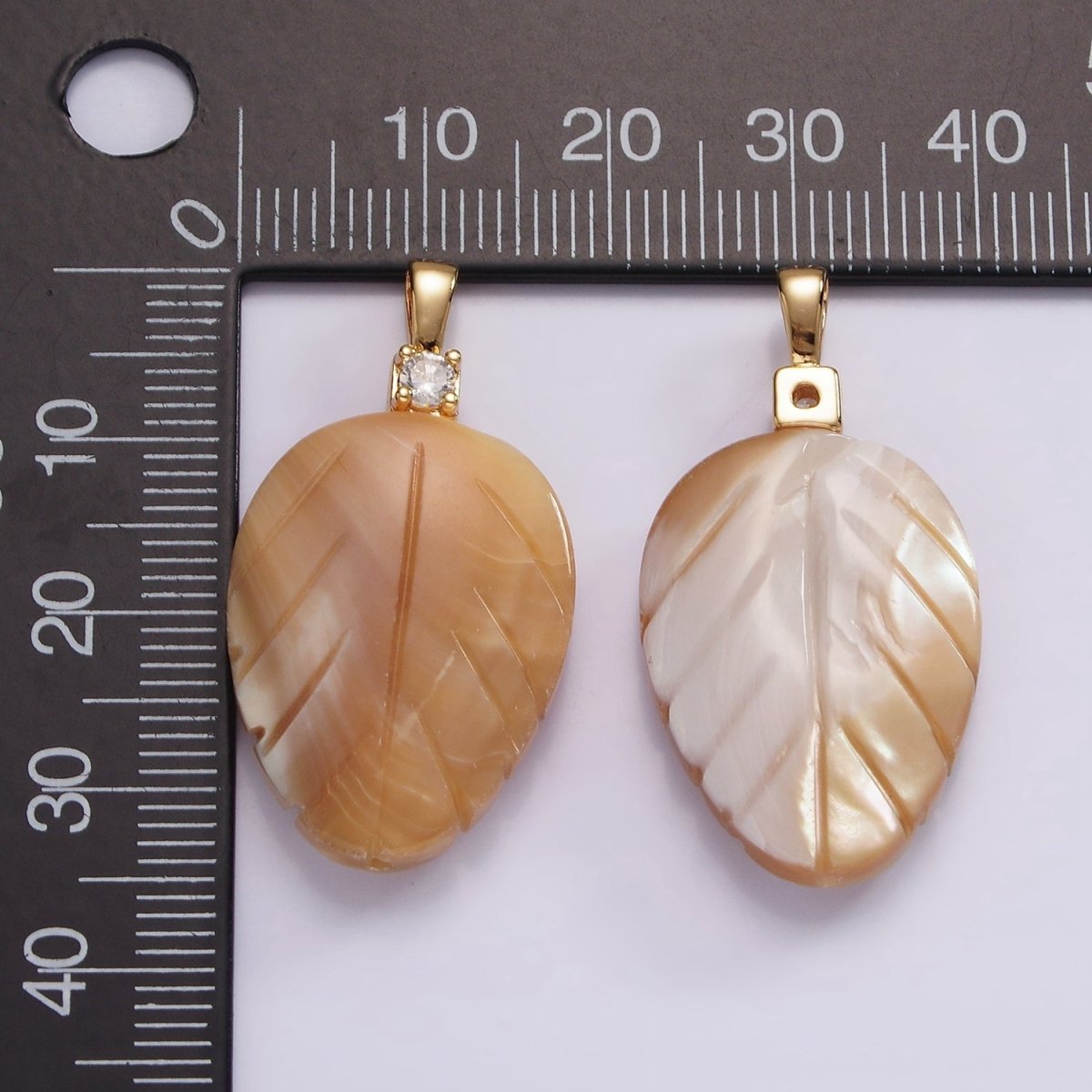 14K Gold Filled Beige Brown Leaf Feather Shell Pearl CZ Pendant | P1665