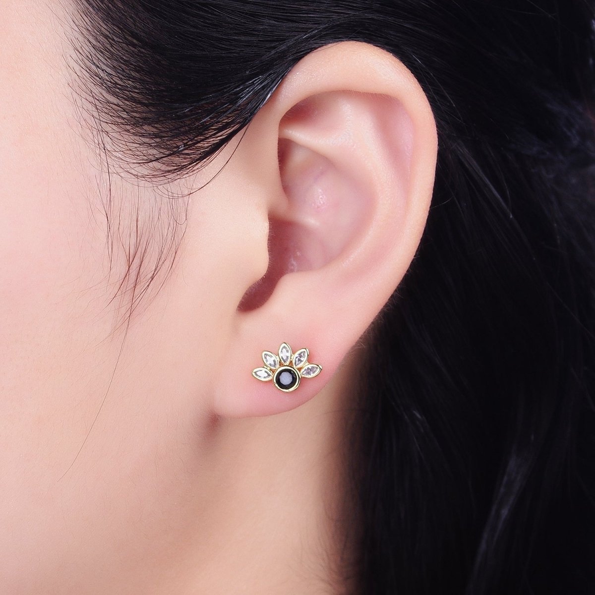 14K Gold Filled Black Clear CZ Marquise Sun Stud Earrings | AB1523